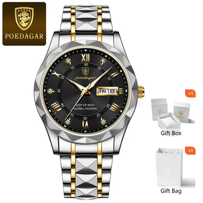 POEDAGAR Luxury Men's Watches Waterproof Luminous Date Week Watch For Man Stainless Steel Quartz Casual Men Wristwatch+Box Gift
