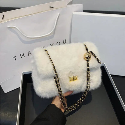 Mini Furry Chain Shoulder Bag for Women New Style Autumn Winter Casual Pure Color Polyester Velvet Lining Crossbody Bag