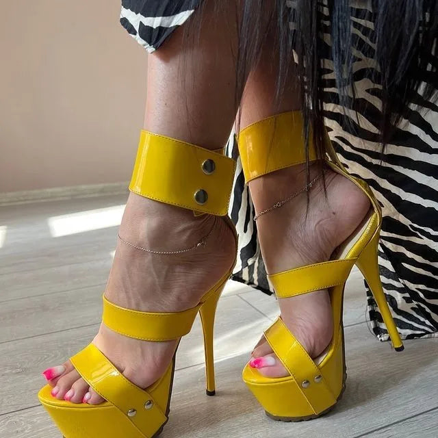Platform Yellow Patent Leather Women Sandals Sexy Luxury High Heels Summer Designer Women Shoes Elegant Chic Sandalias...