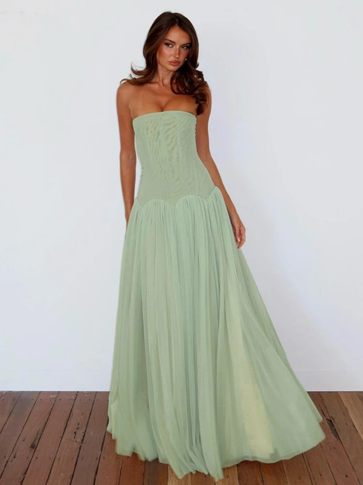 Sexy Sleeveless Mesh Patchwork Long Dress Women Light Green Strapless Slim A Line Dresses Celebrity Evening Club Party...