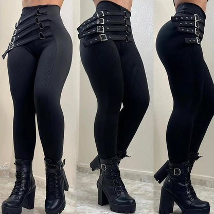 New Women's High Waist Pencil Pants Fashion Black Gothic Slim Leggings With Metal Buckle Y2k Vintage Trousers For Women
