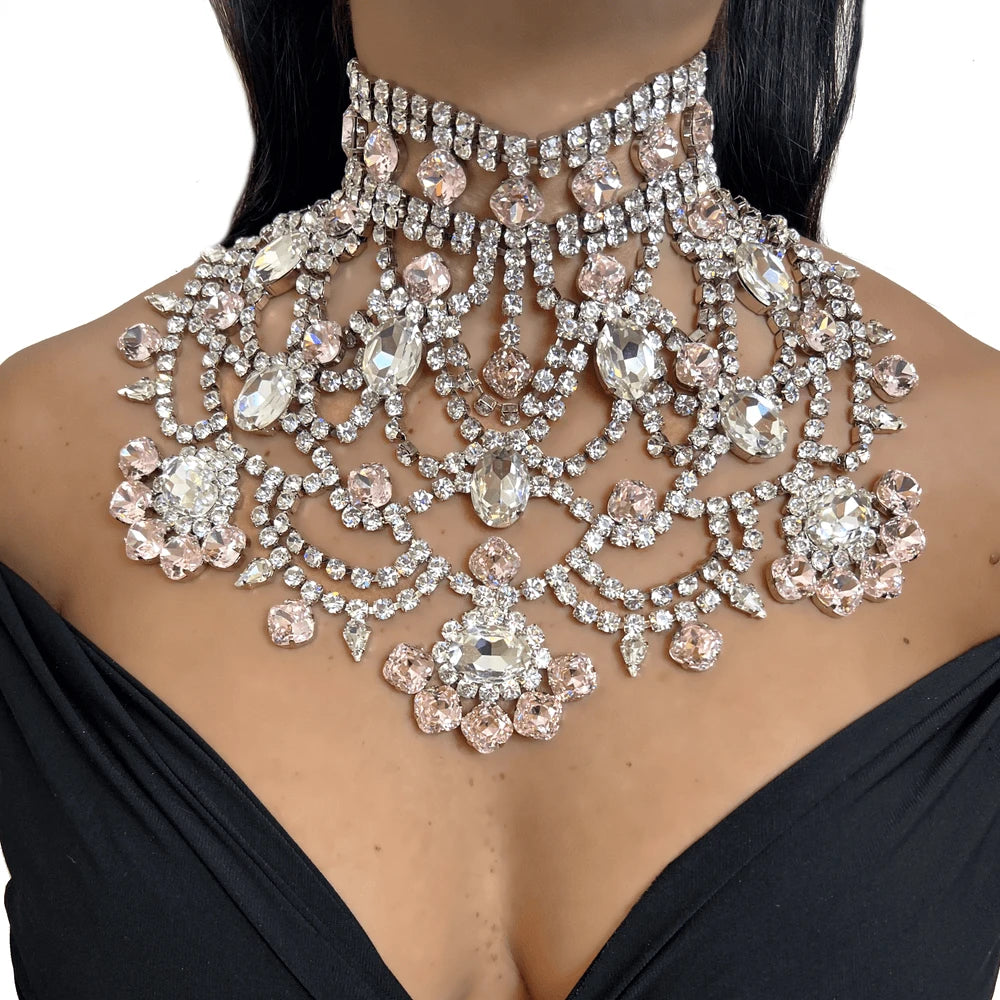 Stonefans Pink Exaggerated Choker Necklace for Women Wedding Jewelry Charming Oversize Rhinestone Chunky Choker Chain Drag Queen