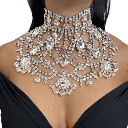 Stonefans Pink Exaggerated Choker Necklace for Women Wedding Jewelry Charming Oversize Rhinestone Chunky Choker Chain Drag Queen