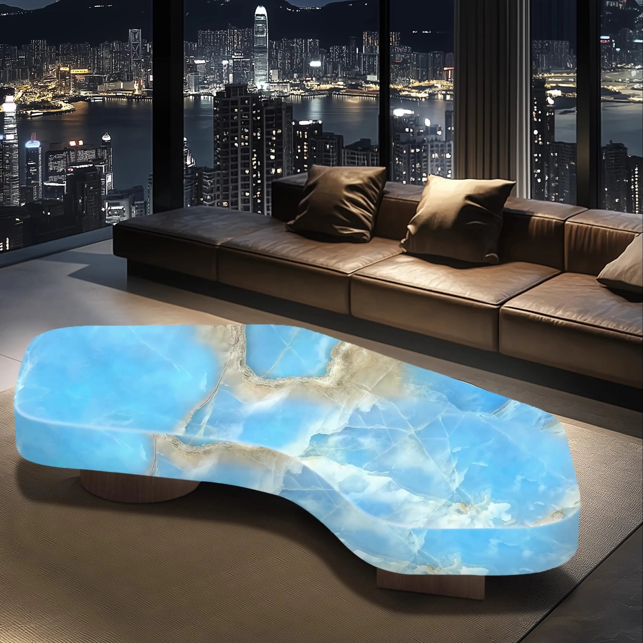 Living room geometric coffee table luminous jade luxury stone white ice jade crescent moon light luxury advanced large flat