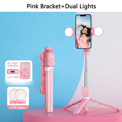 Bluetooth Wireless Selfie Stick Portable Dual Fill Light with Tripod Telescoping Bracket for iPhone Xiaomi Makeup Live Streaming