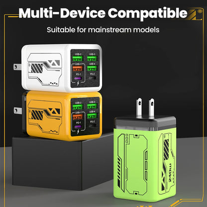 240W 6 Ports 4USB+2Type C Super Fast Charging Mobile Phone Charger USB3.0 PD3.0 EU/UK/US Charger For Iphone 17 16 Samsung POCO