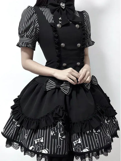 Gothic Striped Lolita Dress Set Women Puff Sleeve Stripe Blouse Suspender Dress Dark Sweet Bowknot Lace Layered Princess Outfit - Kimlud