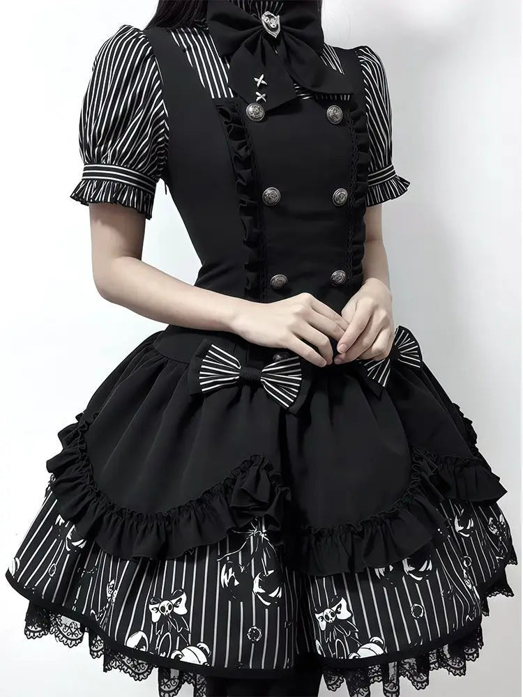 Gothic Striped Lolita Dress Set Women Puff Sleeve Stripe Blouse Suspender Dress Dark Sweet Bowknot Lace Layered Princess Outfit - Kimlud