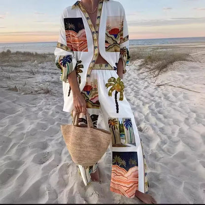 Casual Printed Two Piece Set Women Spring Summer New Fashion Comfort Holiday Button Long Sleeve Shirts And Wide Leg Pants 2 Sets