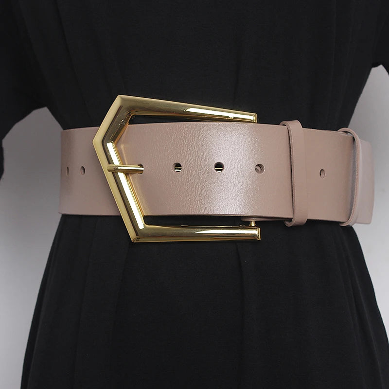 Women's Runway Fashion Gold Buckle Genuine Leather Cummerbunds Female Dress Corsets Waistband Belts Decoration Wide Belt R1108