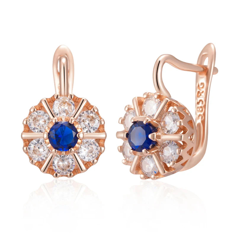 Kienl Hot 585 Rose Gold Color Flower English Earring for Women Trend Blue Natural Zircon Accessories High Quality Daily Jewelry
