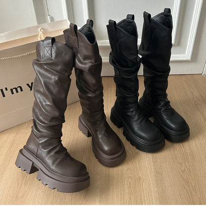 Autumn Winter Platform Thick Bottom Women Long Boots Fashion Slip On Shoes Vintage Ladies Knight Botas