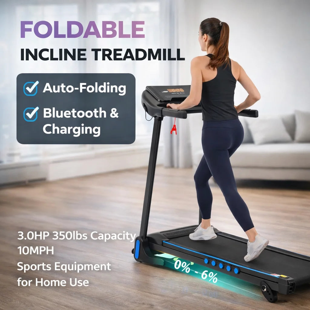 Foldable Incline Treadmill 3.0HP 350lbs Capacity Auto-Folding 10MPH Bluetooth USB/Type-C Charging Sports Equipment for...
