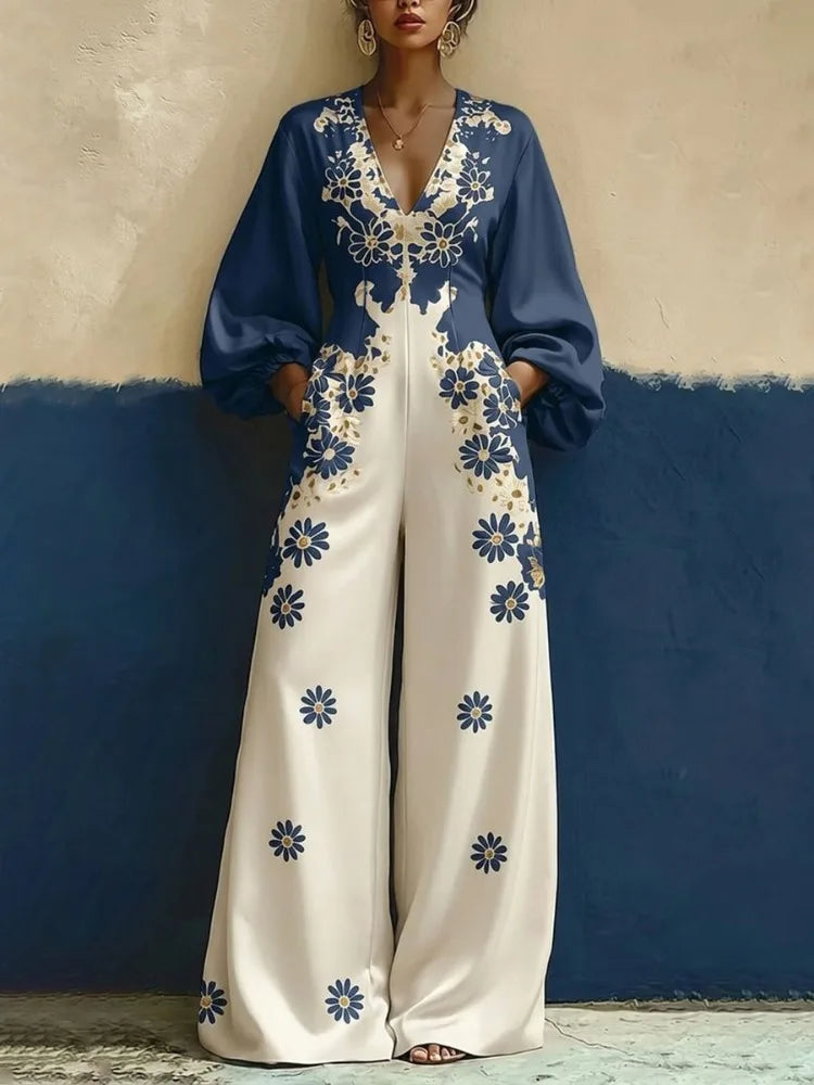 Yeezzi Women's Elegant Floral Printed Jumpsuit V-Neck Puff Long Sleeves Loose Wide Leg Jumpsuits Party Evening Long Pants Romper