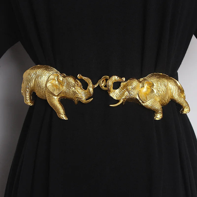 Fashion Real Leather Belts for Women Luxury Designer Female Waist Elastic Corset Belt Gold Heavy Elephant Metal Buckle