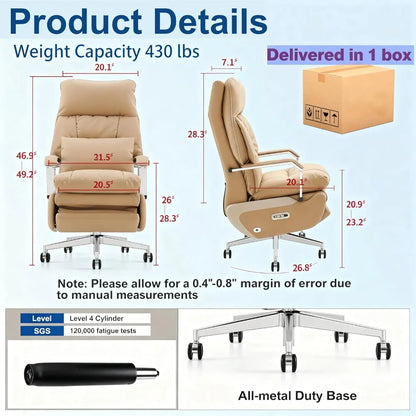 Dual Motor Executive Home Office Chair with Footrest One-Click Electric Recline with Massage  Pillow Support 430LBS Big and Tall