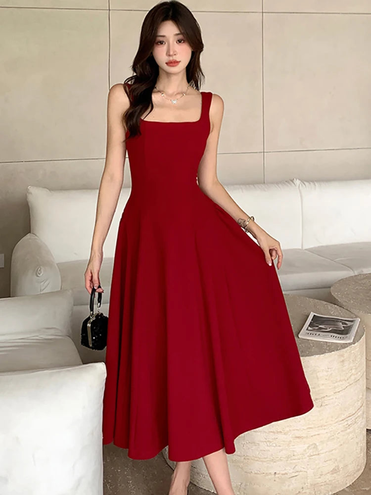 2026 New White Square Collar Sling Sexy Long Dress Women Elegant Luxury Dance Party Dress Summer Korean Vintage Bodycon Vestidos - Kimlud