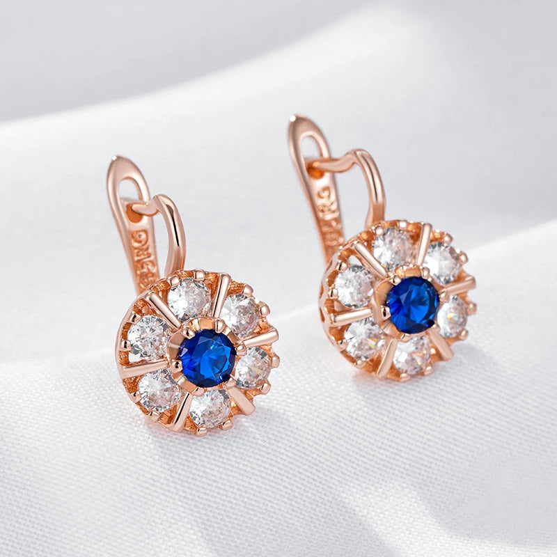 Kienl Hot 585 Rose Gold Color Flower English Earring for Women Trend Blue Natural Zircon Accessories High Quality Daily Jewelry