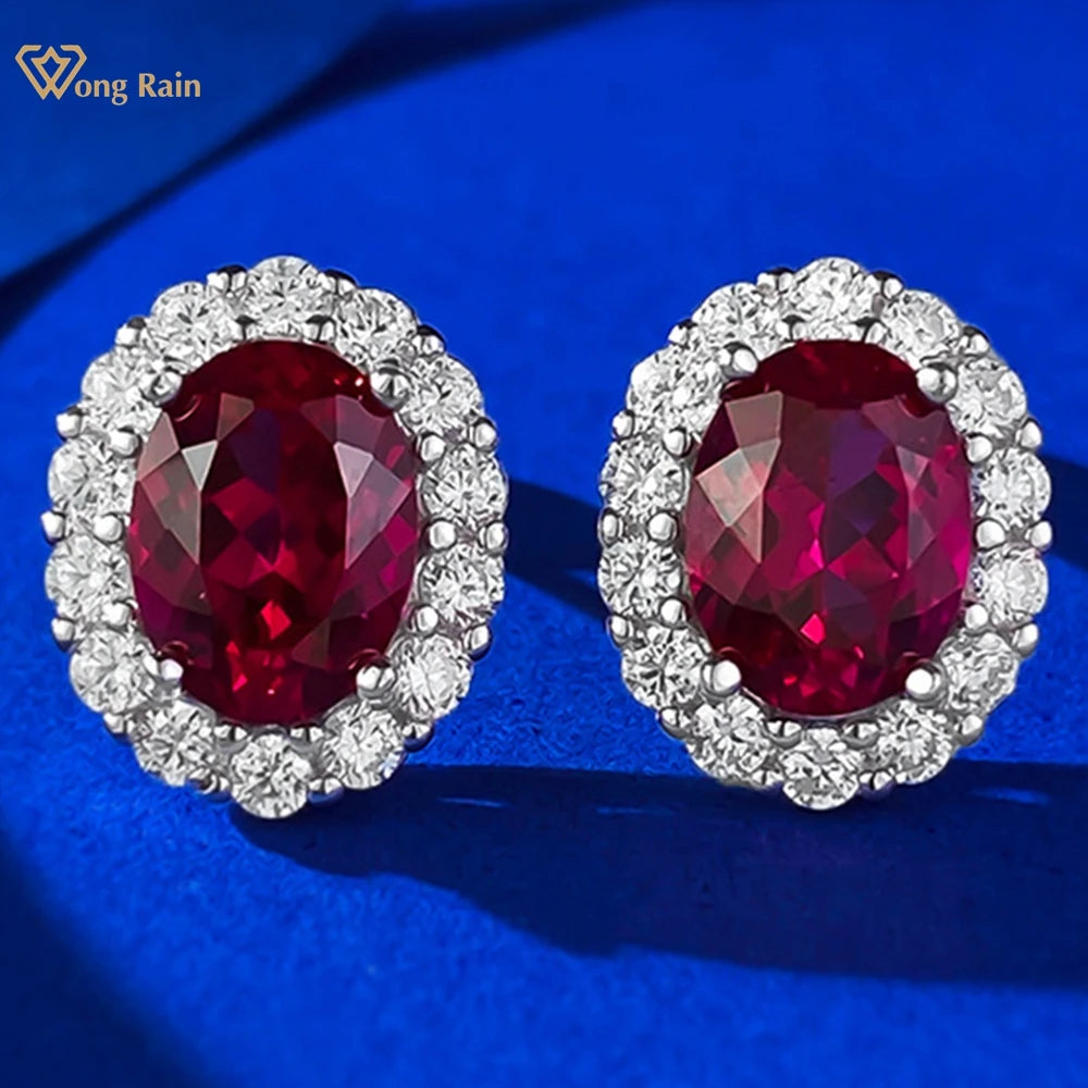 Wong Rain Vintage 100% 925 Sterling Silver Oval Cut 6*8 MM Ruby Sapphire High Carbon Diamond Gemstone Ear Studs Earrings...