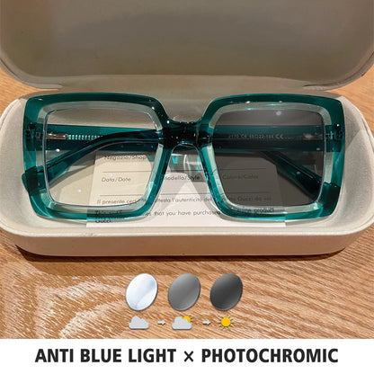 BLMUSA Square Photochromic Blue Light Blocking Large Frame Eyeglasses fashion Reading Glasses ladies Prescription Myopia Glasses - Kimlud