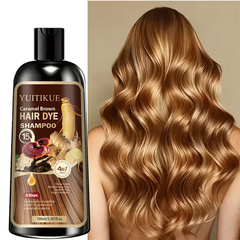 YUITIKUE Caramel Brown Hair Dye Shampoo - 4in1 Moisturizing Hair Color Shampoo Long-Lasting Hair Dye for All Hair Types