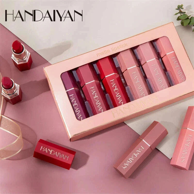 HANDAIYAN 6Pcs/Box Velvet Matte Lipstick Kit Lips Makeup Nude Lip Stick Make Up Cosmetics Foggy Matt Tint Lip Balm Cream Pigment