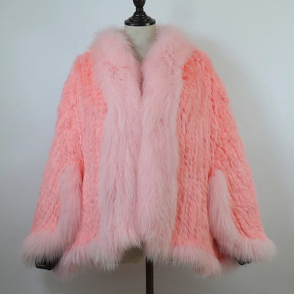 Hot Women Knitted 100% Real Rabbit Fur Shawl Winter Warm Genuine Rabbit Fur Pashmina Coat With Fox Fur Collar For Female...
