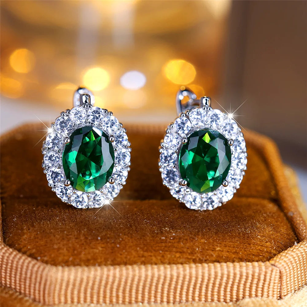 Cute Small Blue Green Zircon Stone Hoop Earrings For Women Charm Female Silver Color Wedding Jewelry Gift