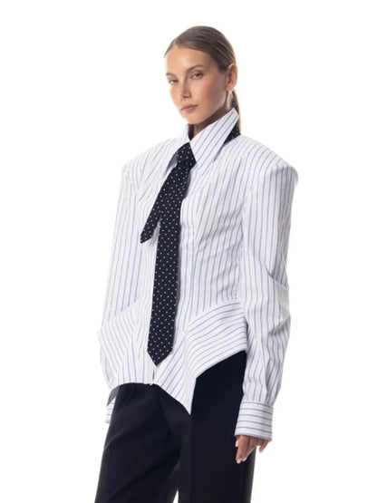 Women's Collar Striped Shirt with Asymmetrical Hem and Waist Cinching 2026 Spring summer Fashionable Casual Office...