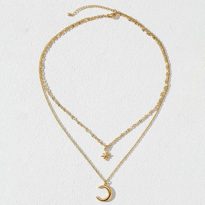 DOTIFI Stainless Steel Eight-Pointed Star Moon Pendant Double-Layer Necklace Women's Fashion Minimalist Commuter Chain Jewelry - Kimlud