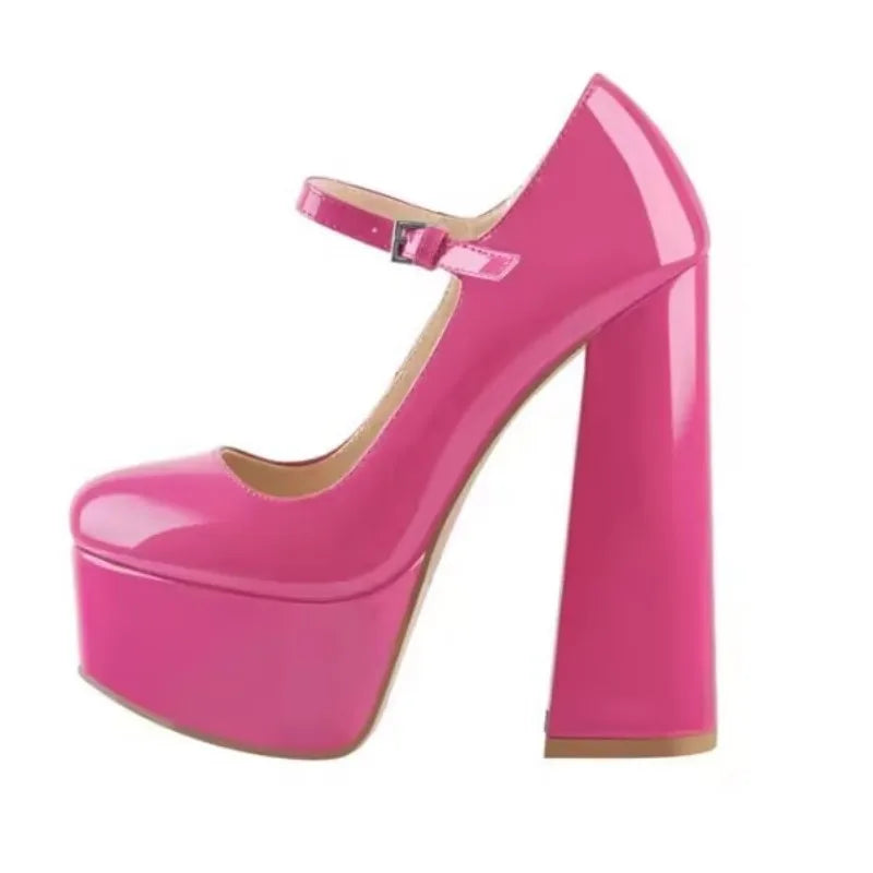 DIZHJUANG Sexy women's high heels. Black patent leather round toe shoes. About 15cm heel height. Coarse heeled Mary Jane...