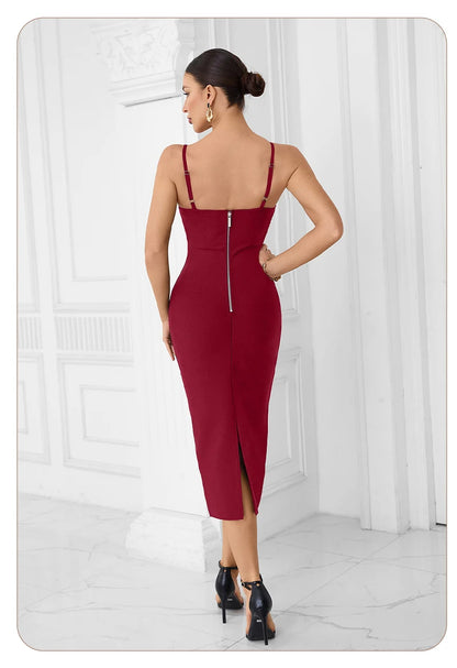 VC Elegant Burgundy Spaghetti Strap Midi Dress with Pearl & Rhinestone Embellishments for Cocktail Parties & Formal Events