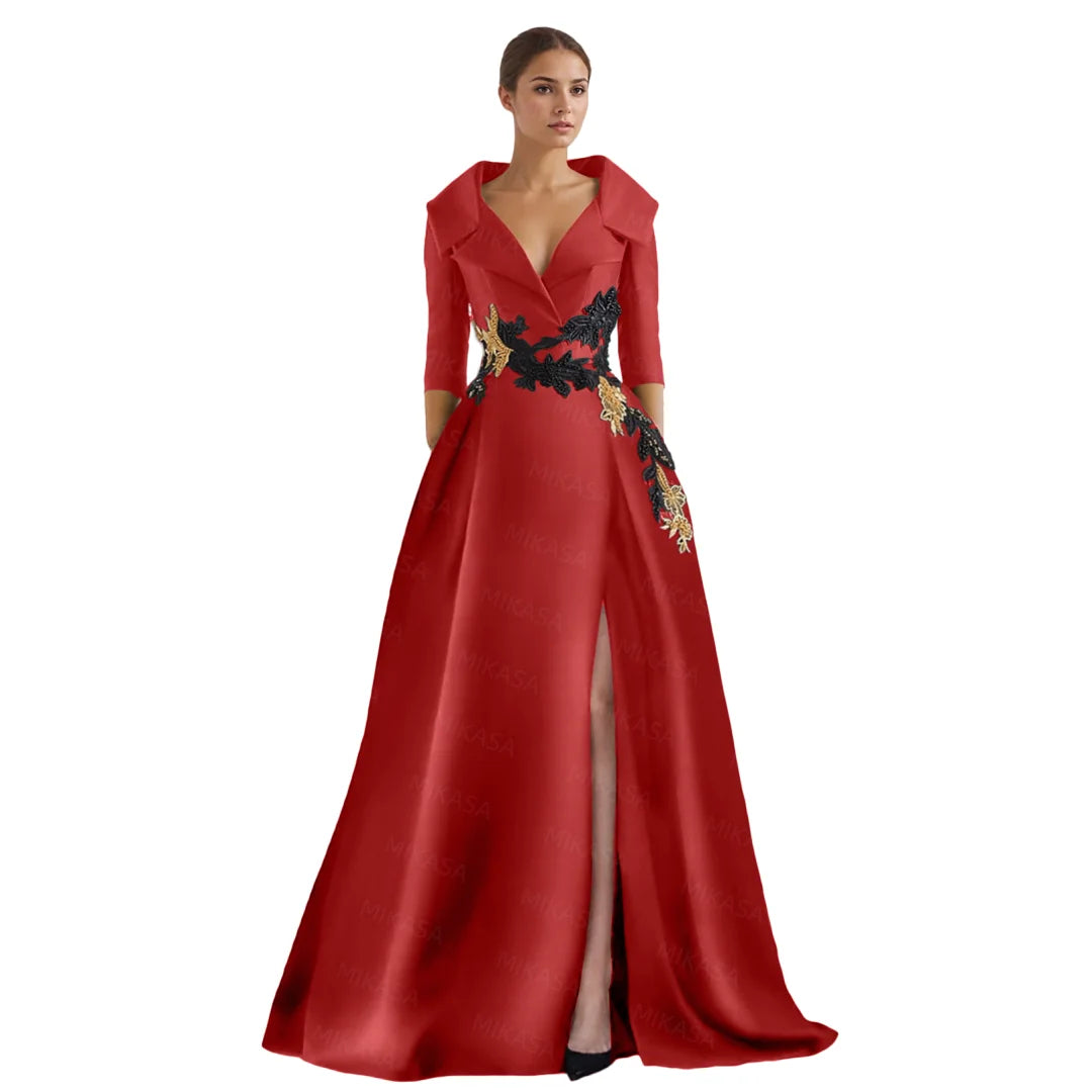 Classic Satin Evening Dresses For Women Wedding Party Guest V-neck Three Quarter A-line Side Slit Elegant Prom vestidos de gala