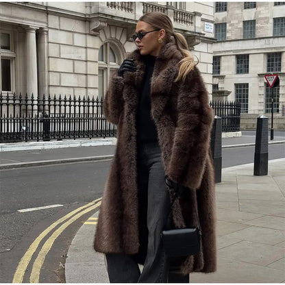 Fashion Brown Faux Fur Overcoat Women Luxury Lapel Long Sleeve Fluffy Coat 2025 Winter Female Thicken Warm High Street Outwear