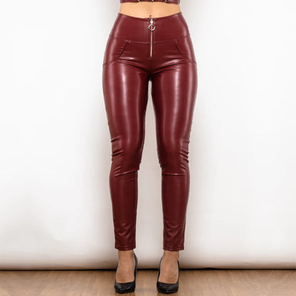 Shascullfites Melody High-Waisted Metallic Leather Leggings Zipper Detail Scrunch Butt Wetlook Pants for Women