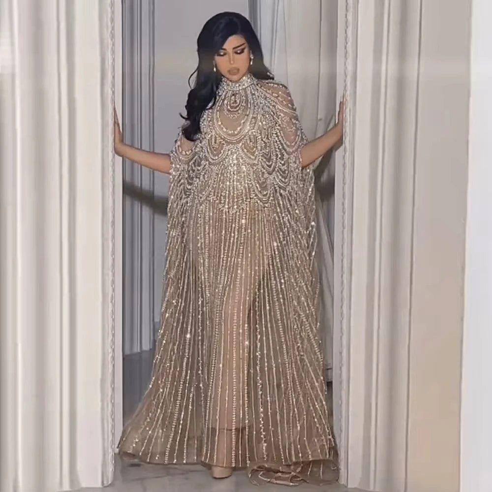 Jancember LSZ080 Luxury Beaded Nude Arabic Evening Formal Party Dresses With Shawl | Kimlud Luxury Dress