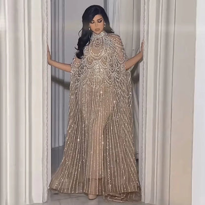 Jancember LSZ080 Luxury Beaded Nude Arabic Evening Formal Party Dresses With Shawl | Kimlud Luxury Dress