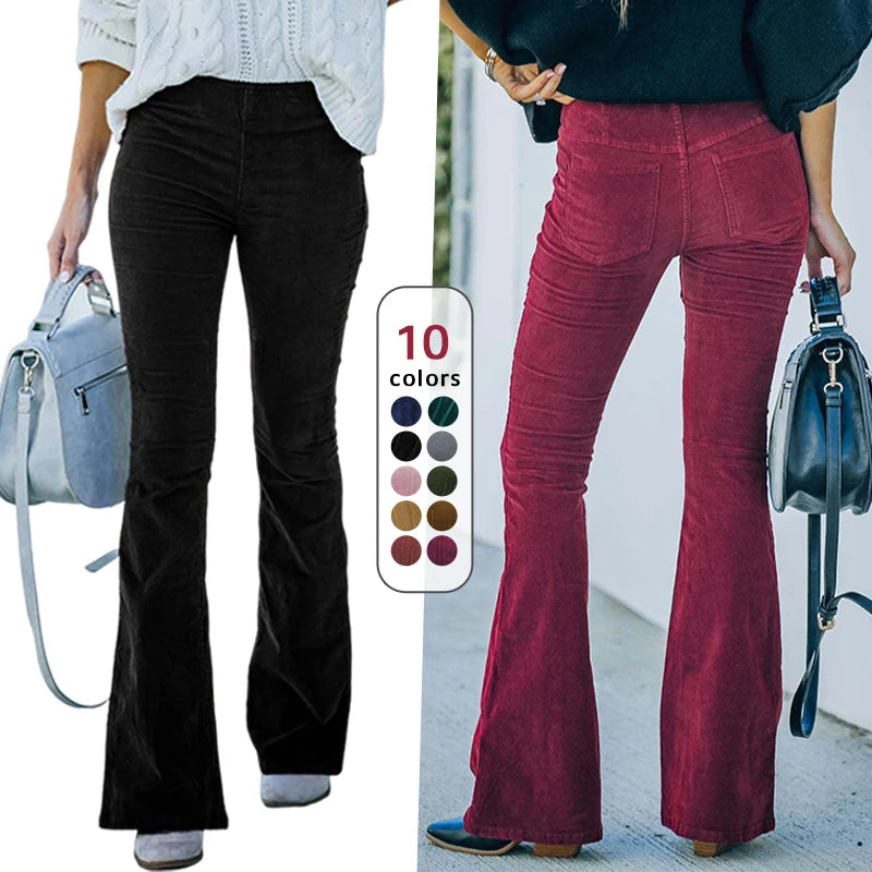 Women High Waist Flared Pants Vintage Elegant Velvet Pants Aesthetic Sexy Skinny Trousers Lady Corduroy Elastic Waist Pants