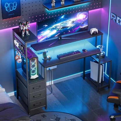48 Inch Gaming Desk with LED Lights & Power Outlets,Computer Desk with Fabric Drawers & Side Hook,Reversible Gamer,...