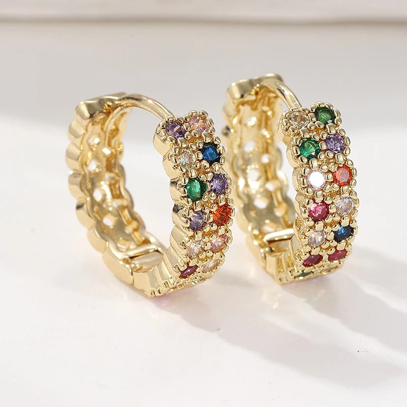 Fashion Copper Handcrafted Colored Synthetic Zircon Hoop Earrings for Women Bohemian Style Golden Plated Banquet Wedding Jewelry