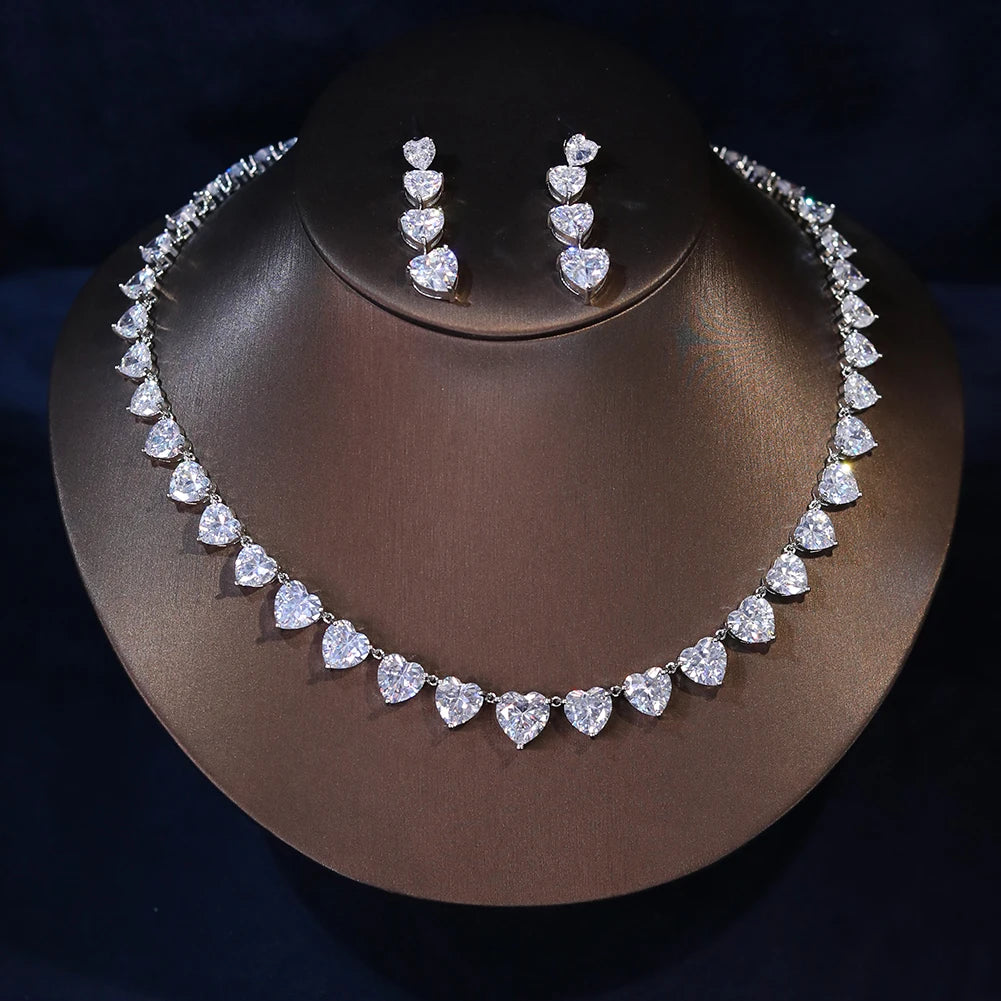 Shiny White Heart Cubic Zircon Women Jewelry Set Bridal Party Accessories Elegant Wedding Necklace Earrings 2PCS