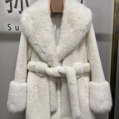 Coats Faux Fox Fur Women Thick Warm Long Coat Turn Down Collar Maxi Warm Jackets Thick Elegant Coat Belt Outerwear Autumn Winter