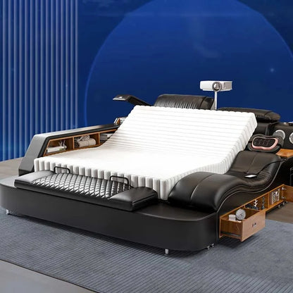 Nordic Multifonction Double Bed Side By Side Leather Luxury King Size Bed Frame Platform Wood Design Lit Bedroom Set...