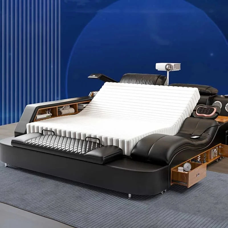 Nordic Multifonction Double Bed Side By Side Leather Luxury King Size Bed Frame Platform Wood Design Lit Bedroom Set...