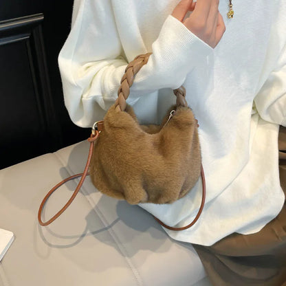 Fluffy Texture Vwrastile Crossbody Bag Women Winter Fashion Furry Bucket Bag with Braided Leisure Handle Shoulder Storage Bags