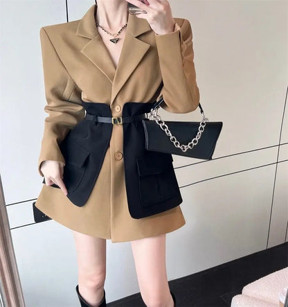 Original Design Blazer Women Fashion New Loose Spliced Pocket Korean Shrug Notched Single Breasted Blazer Mujer Femal...