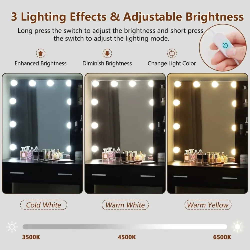 Large Vanity Desk with Mirror & 10 LED Lights, Makeup Vanity Dressing Table with Power Strip, Storage Shelves & 5 Drawers