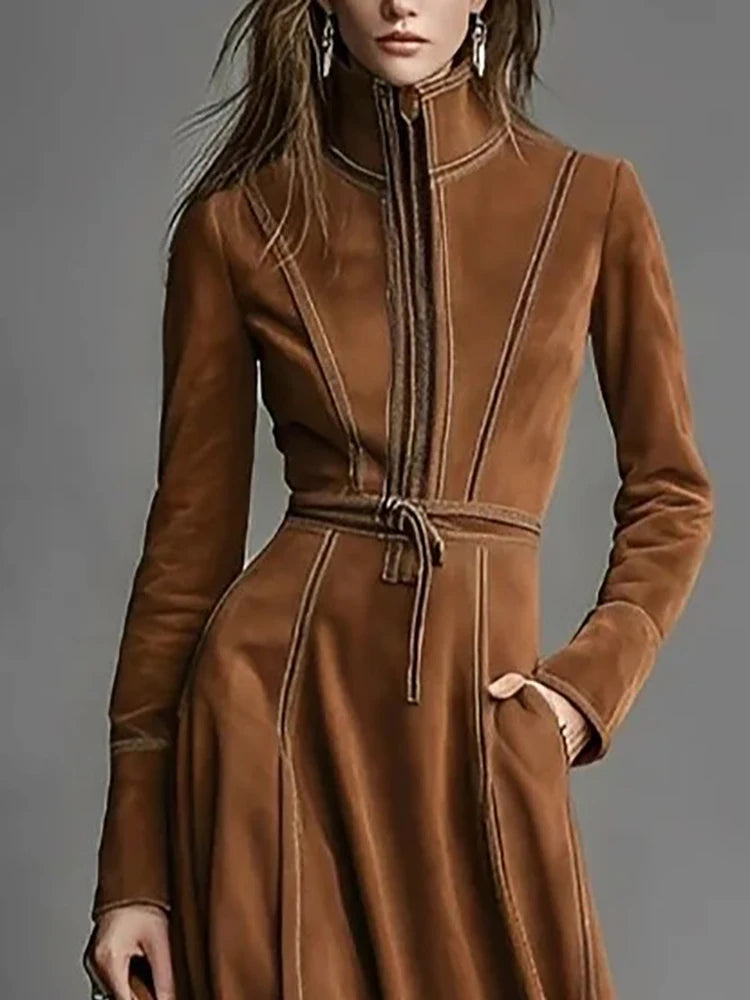 Elegant Suede Vintage Women's Dress Brown Zipper Slim Lace Up A-Line Autumn High Street Chic High Neck Long Sleeve Midi Dresses