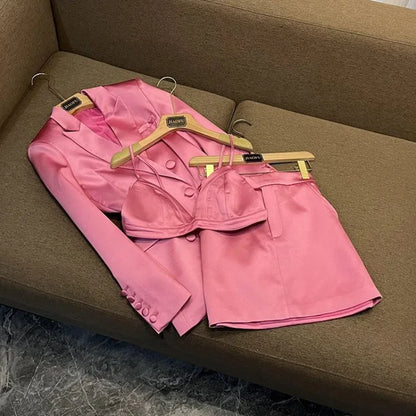Pink Satin Slim Fit Blazer Hip-covering Skirt Fashionable Commuting Two-piece Set