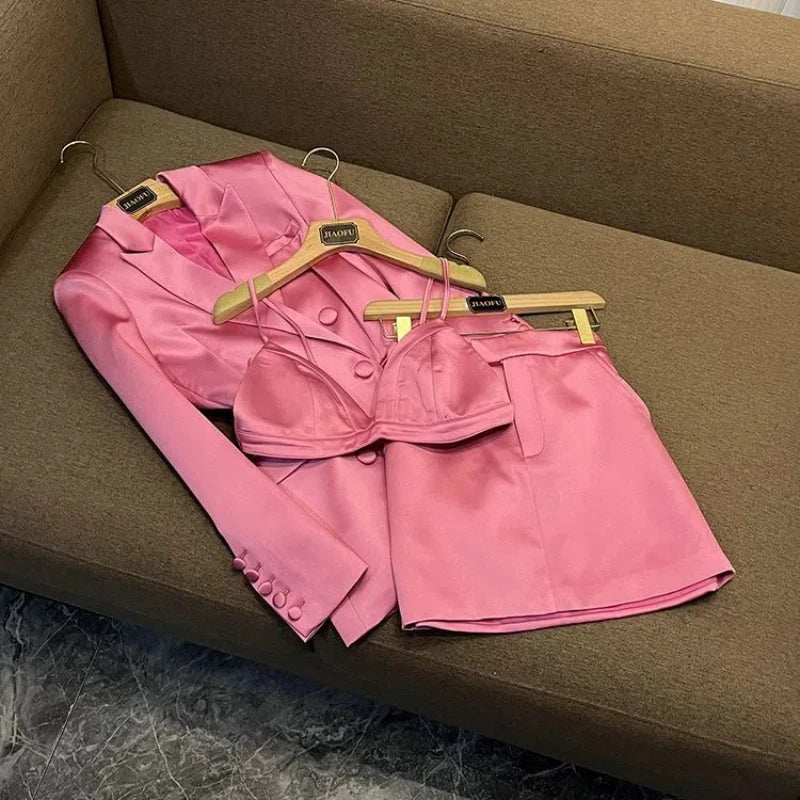 Pink Satin Slim Fit Blazer Hip-covering Skirt Fashionable Commuting Two-piece Set